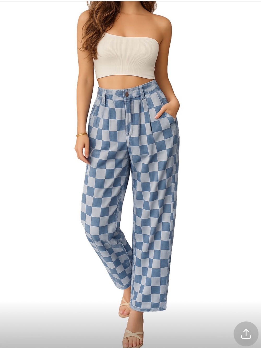 High-Waist Blue Checkered Wide-Leg Jeans
